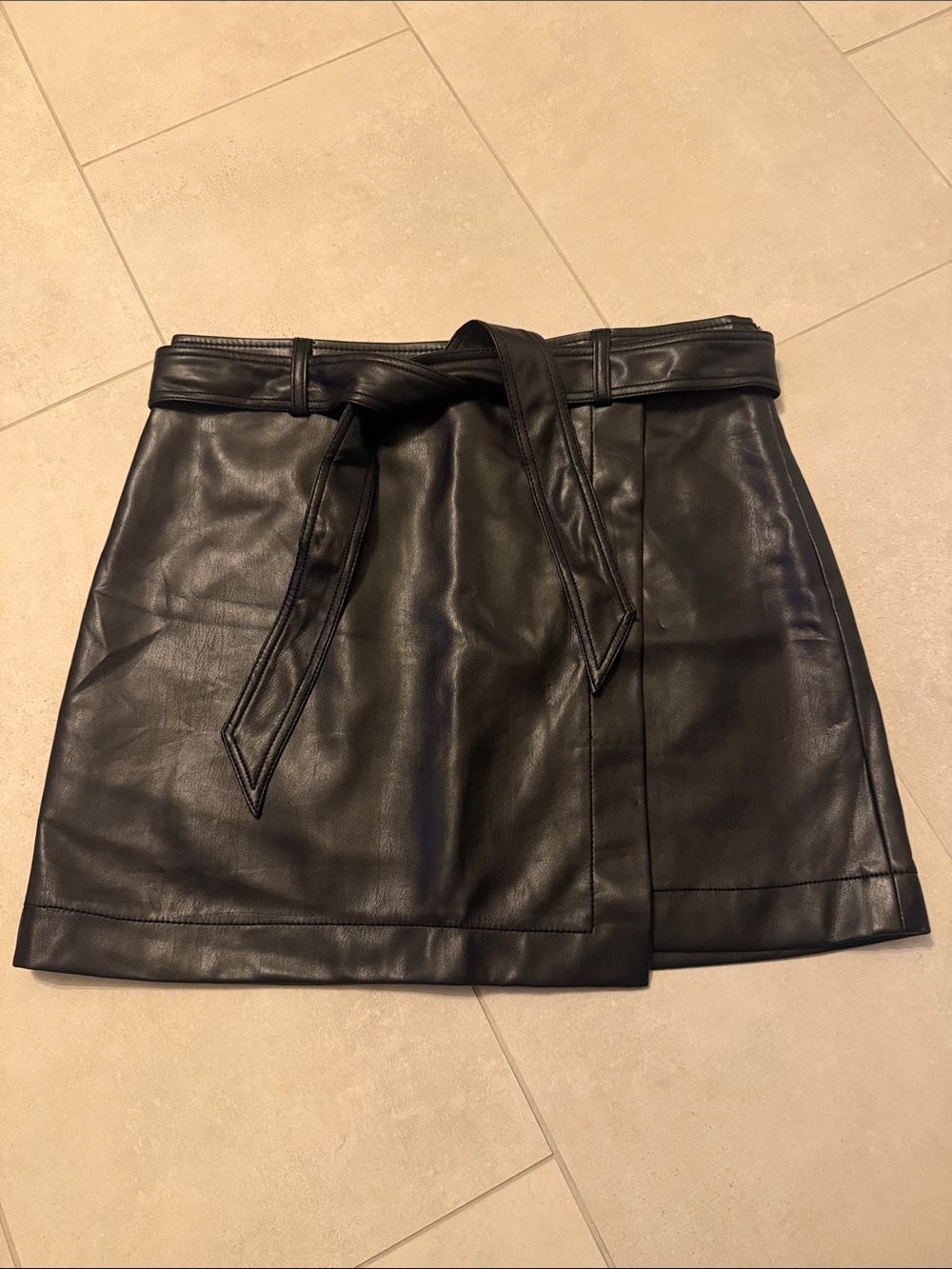 LOFT Black Faux Leather Tie-Waist Mini Skirt